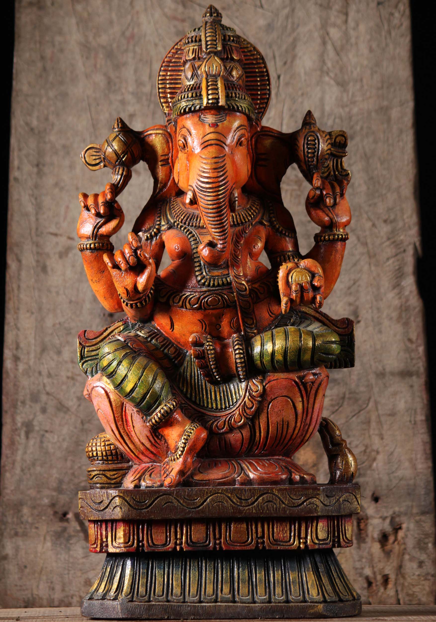 Wooden Seated Ganesh Sculpture 24"